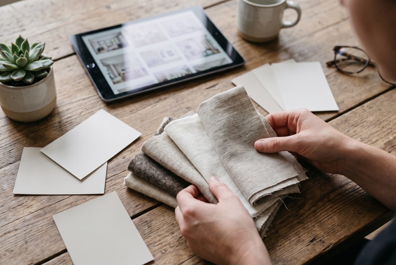 Mains disposant des échantillons de tissu et des nuanciers autour d'une tablette affichant une grille d'images d'intérieur, le projet en préparation sur lequel repose l'intention captée par Pinterest Ads