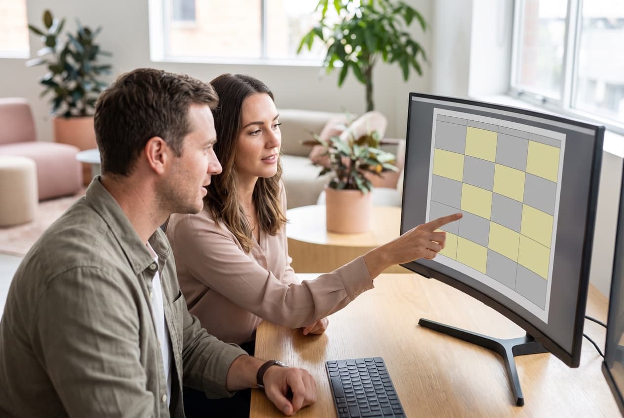 Une responsable marketing et un développeur passant en revue ensemble les lignes d'un plan de taggage à l'écran, la validation croisée sans laquelle le document ne joue pas son rôle de contrat
