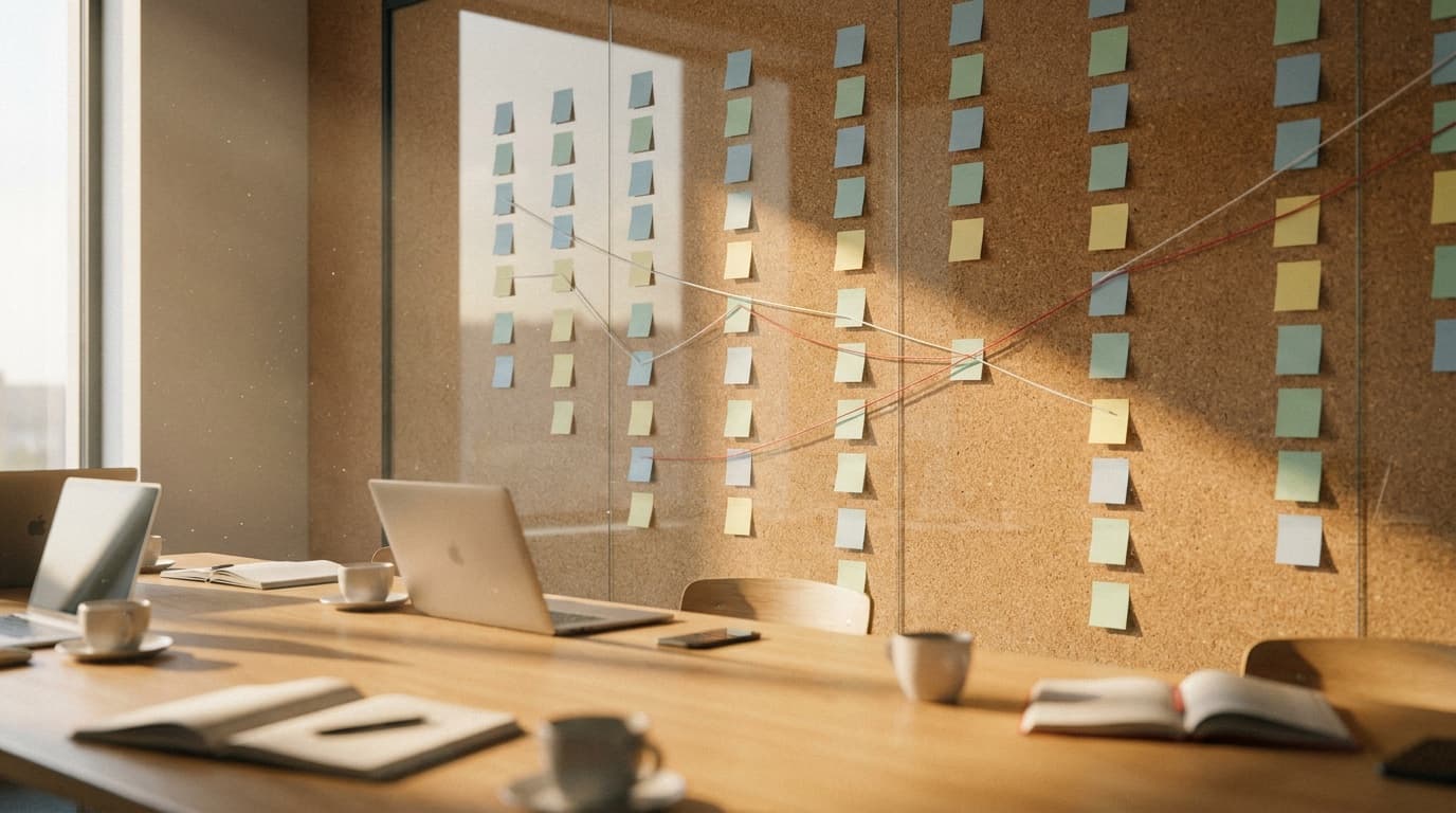 Mur de planification stratégique couvert de post-its et de timelines, illustrant les outils de la planification des médias utilisés en agence