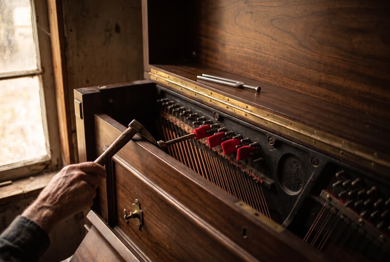 Main d'un accordeur qui règle les chevilles d'un piano à l'aide de sa clé d'accord, geste de réglage fin qui évoque le travail du Quality Score pour faire baisser le CPC