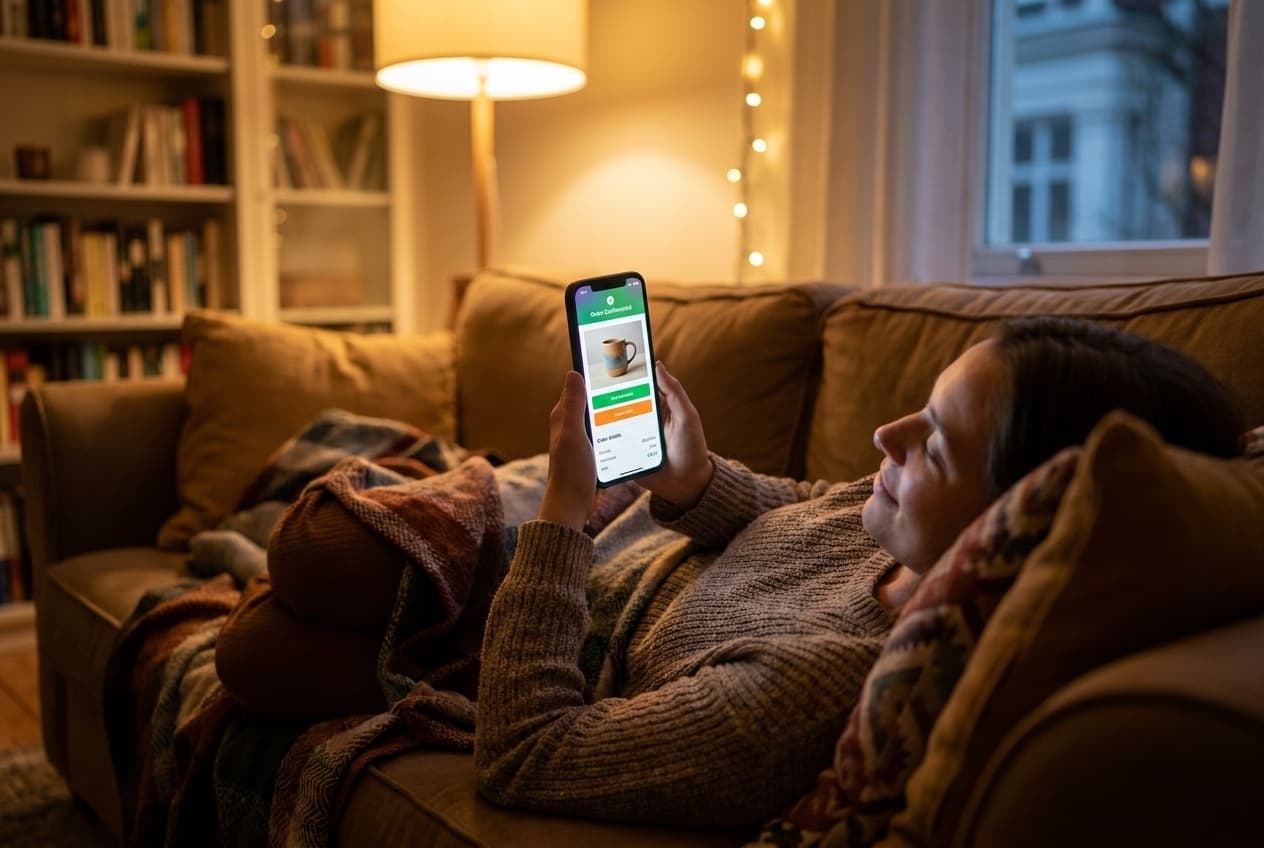 Personne installée dans son canapé qui consulte un message RCS enrichi de confirmation de commande sur son smartphone, illustrant le RCS marketing relationnel