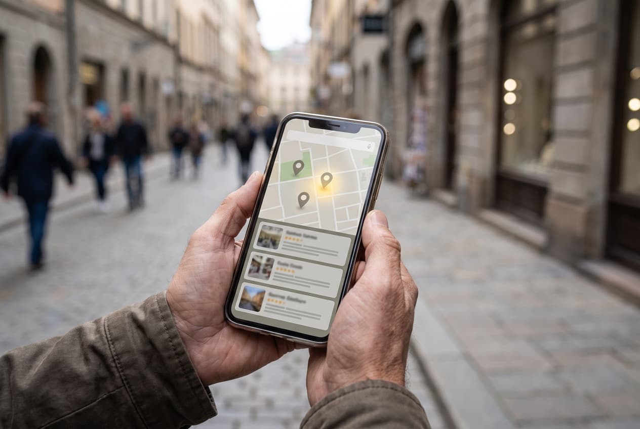 Passant consultant sur son téléphone les établissements affichés sur la carte, dans la rue où il se trouve