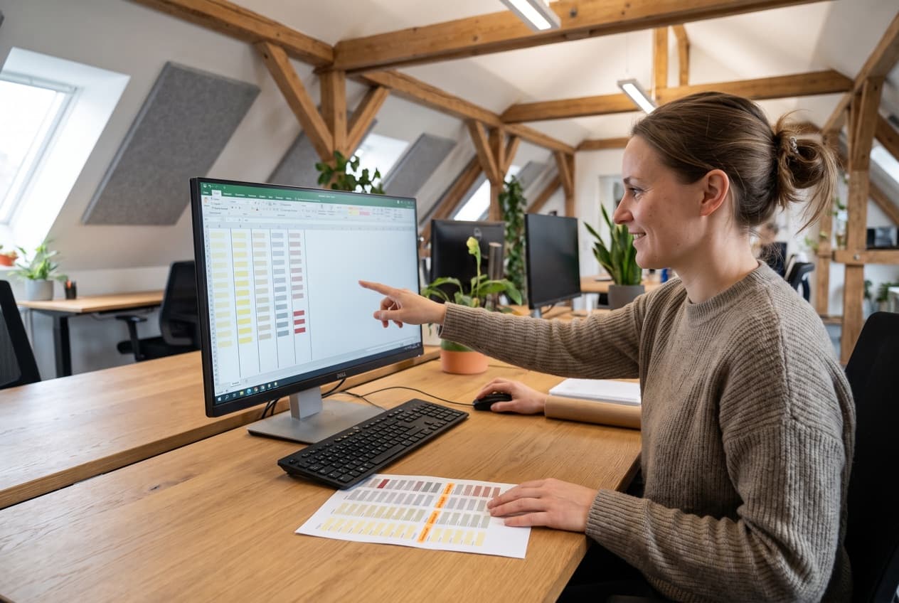 Consultante réordonnant à l'écran une grille de qualification de requêtes aux cellules colorées, la version imprimée annotée posée devant elle