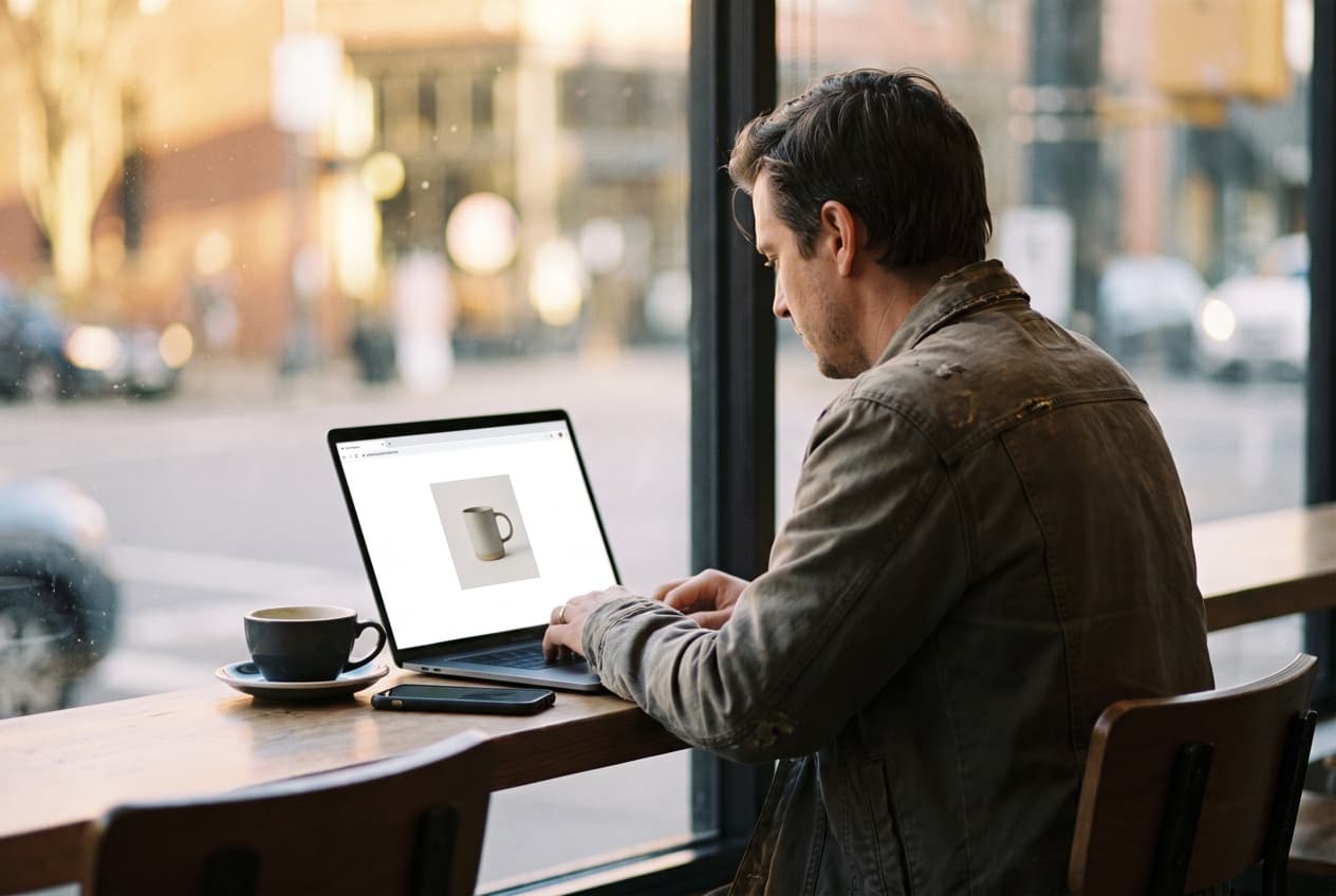 Internaute consultant un site sur son ordinateur portable dans un café, un encart illustré visible dans la page, le contexte réel où l'on cherche à recibler efficacement vos visiteurs