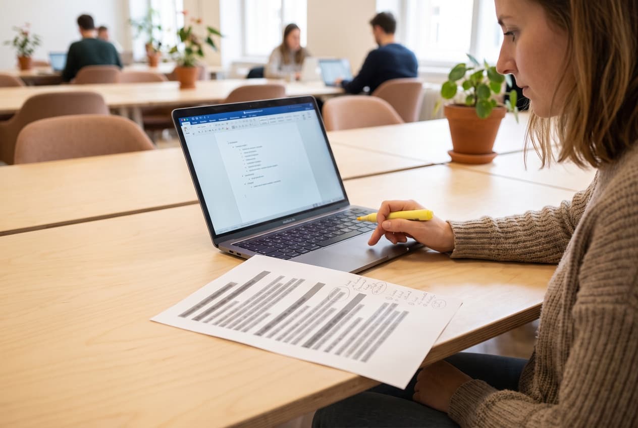 Rédactrice annotant au surligneur le plan imprimé de son article, l'ordre des intertitres repris à l'écran sous forme de sommaire