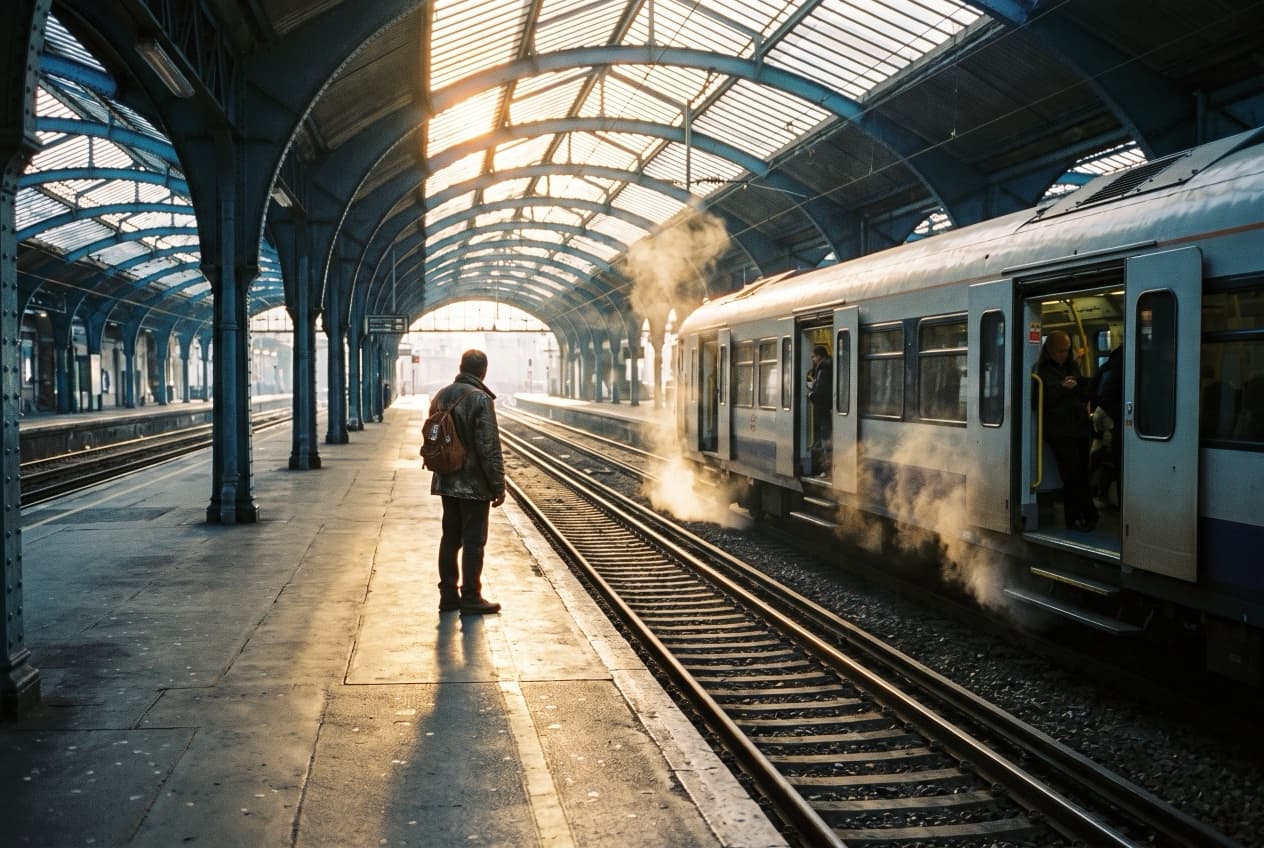 Voyageur seul sur un quai de gare face à un train à l'arrêt, métaphore du moment où le référencement payant est pertinent pour capter une demande immédiate