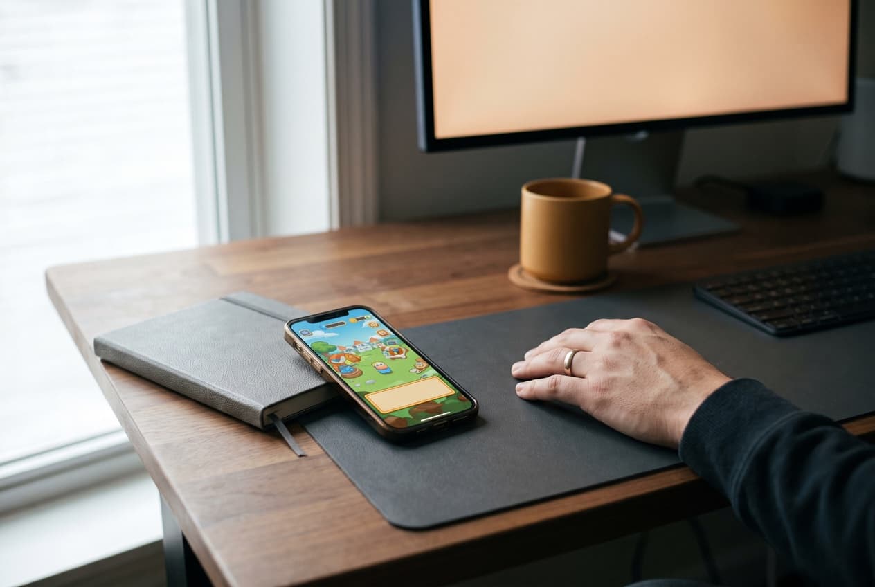 Smartphone posé sur un carnet affichant un jeu mobile coloré sur un bureau de travail, type d'emplacement applicatif à exclure dès que l'on veut créer une campagne Display