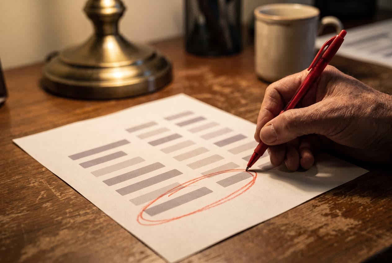 Main tenant un stylo rouge qui entoure la dernière ligne d'un tableau imprimé posé sous une lampe de bureau, le geste de retraitement qui donne le retour sur investissement réel du social ads