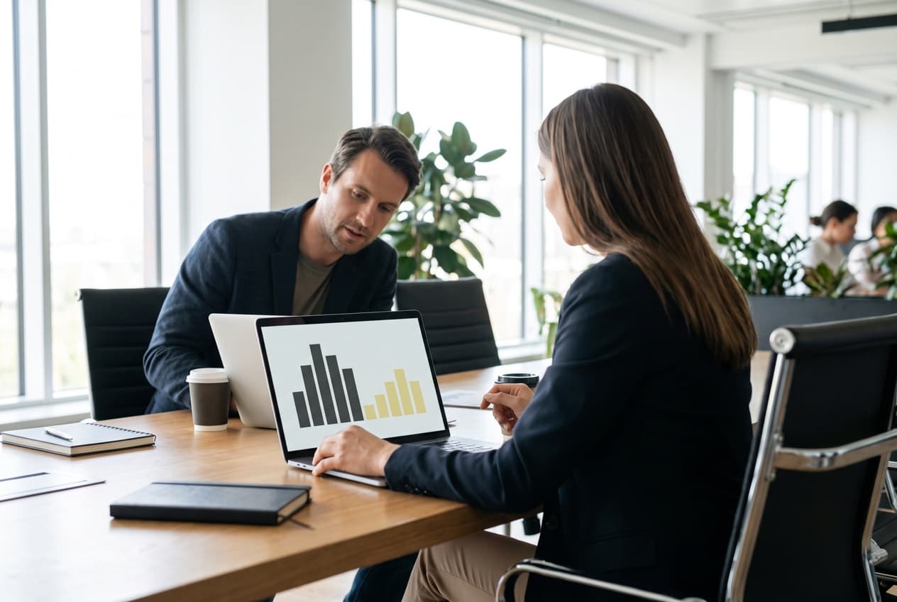 Deux responsables comparant sur un ordinateur portable la performance de deux groupes de campagnes, l'arbitrage média que seule une donnée fiable permet de trancher
