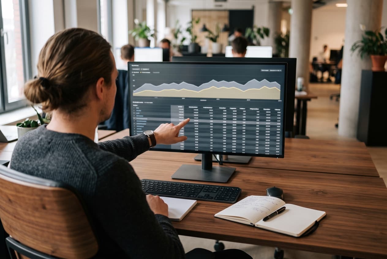 Consultant SEO pointant une ligne du tableau de requêtes sous la courbe des clics et des impressions, dans le rapport de performances affiché sur son écran