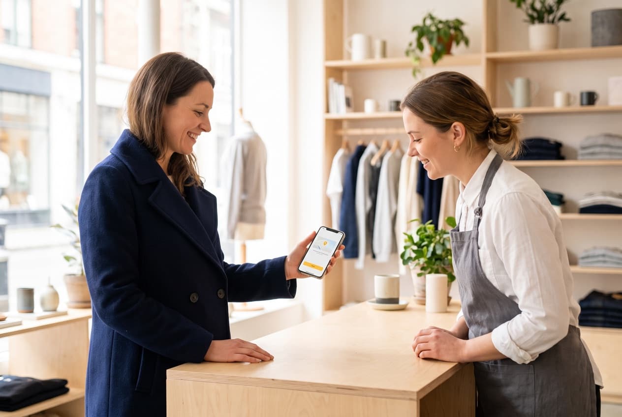 Cliente présentant en boutique l'offre reçue sur son téléphone, avec la carte du magasin et le bouton d'action