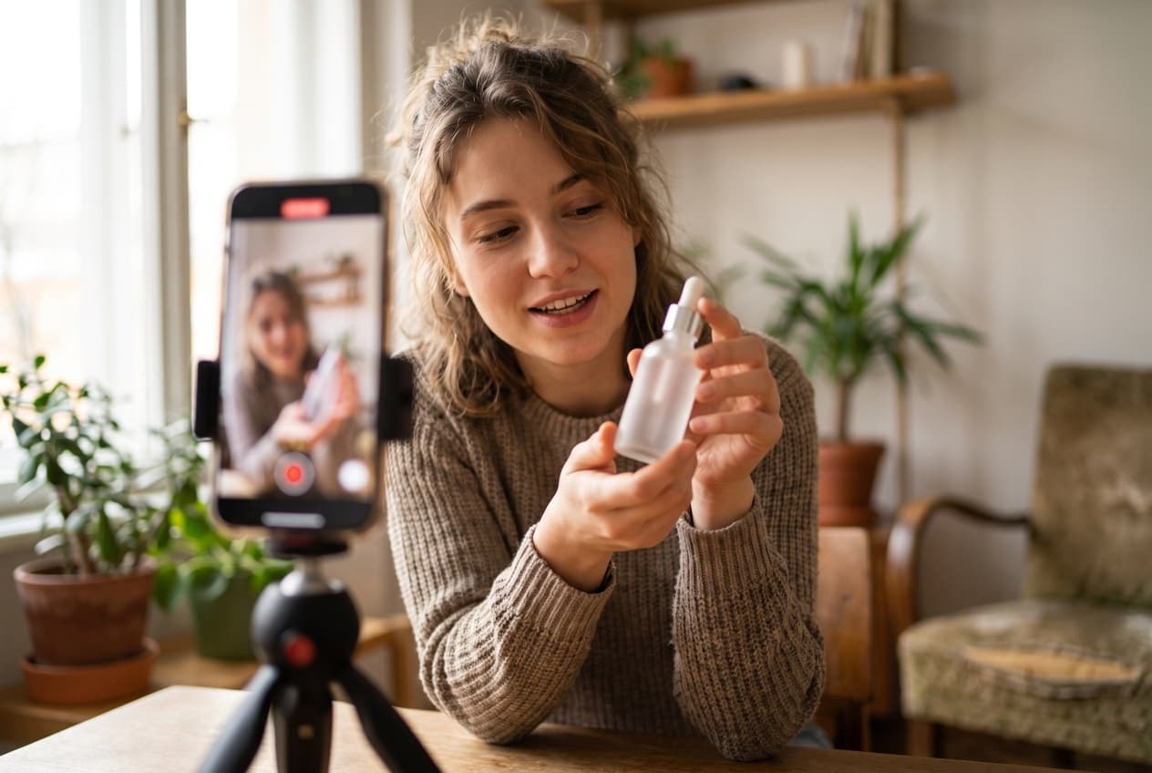 Créatrice de contenu filmant chez elle une démonstration de produit avec un smartphone posé en mode portrait sur un petit trépied, la publication organique qu'une Spark Ad peut ensuite sponsoriser