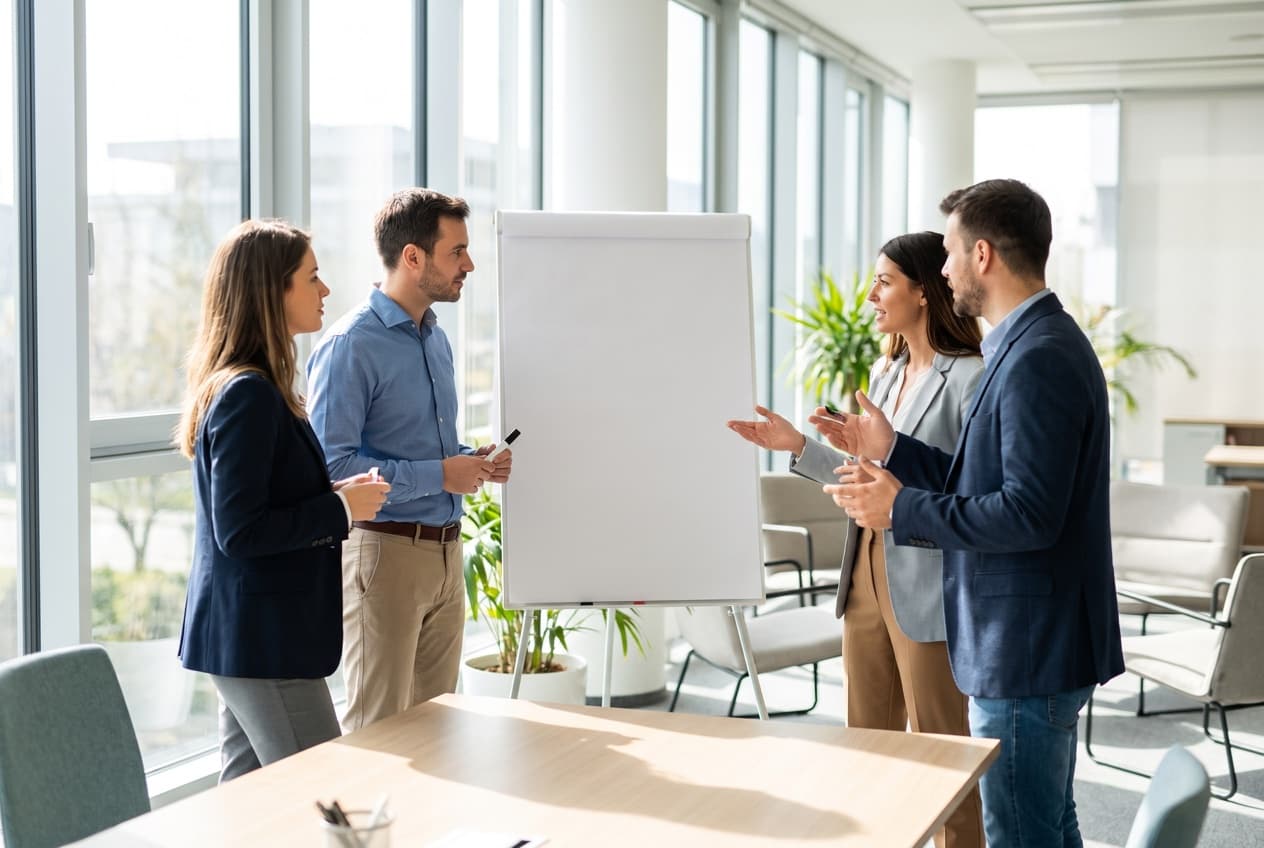 Quatre collègues debout autour d'un paperboard vierge en atelier de cadrage, le format qui permet de sortir les trois premières étapes d'une stratégie de mesure en une journée
