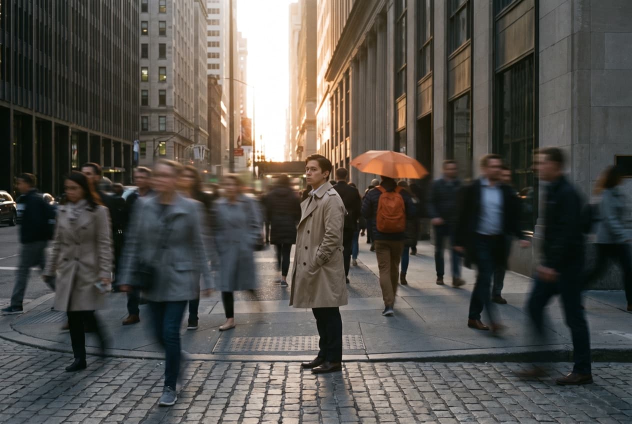 Passant immobile et net au milieu d'une foule floue sur un trottoir, image de la précision de ciblage qu'apporte une stratégie de référencement payant