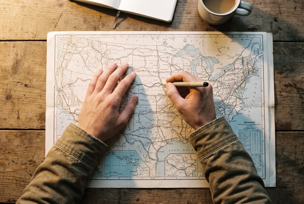 Mains qui annotent une carte imprimée sur un plan de travail en bois, illustrant la stratégie de référencement payant construite mois après mois