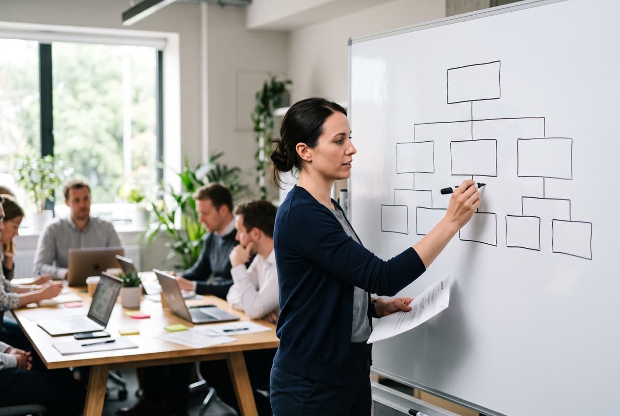 Consultante qui trace au marqueur sur un tableau blanc une arborescence à trois niveaux devant une équipe en réunion, l'atelier de conception qui sert à structurer un compte publicitaire selon vos objectifs