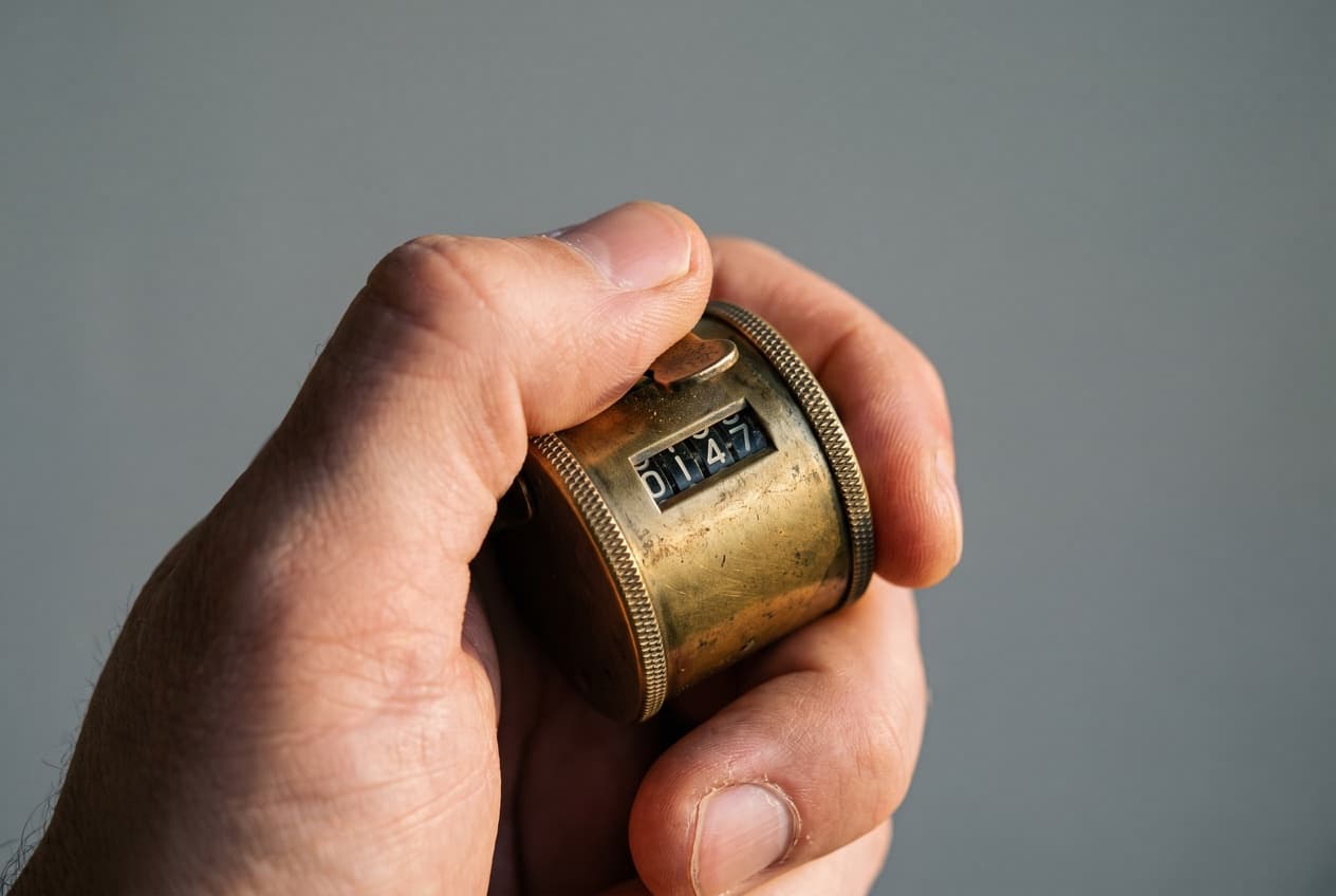 Main qui actionne un compteur mécanique à main, geste du comptage unique au coeur d'un suivi des conversions Google Ads sans doublon