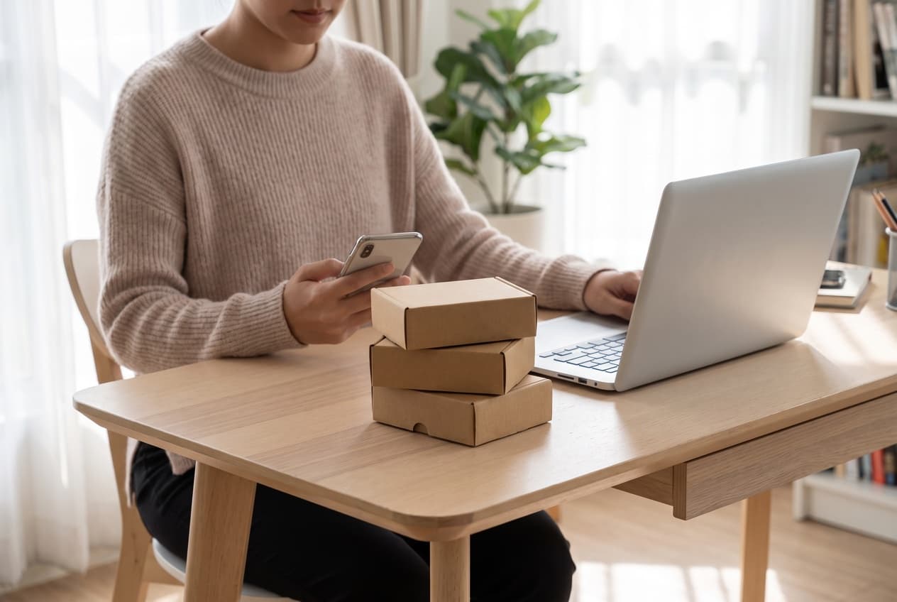 Personne consultant son téléphone à côté d'un ordinateur portable et de colis d'expédition posés sur un bureau, le contrôle des achats que doit refléter le suivi des conversions Meta Ads