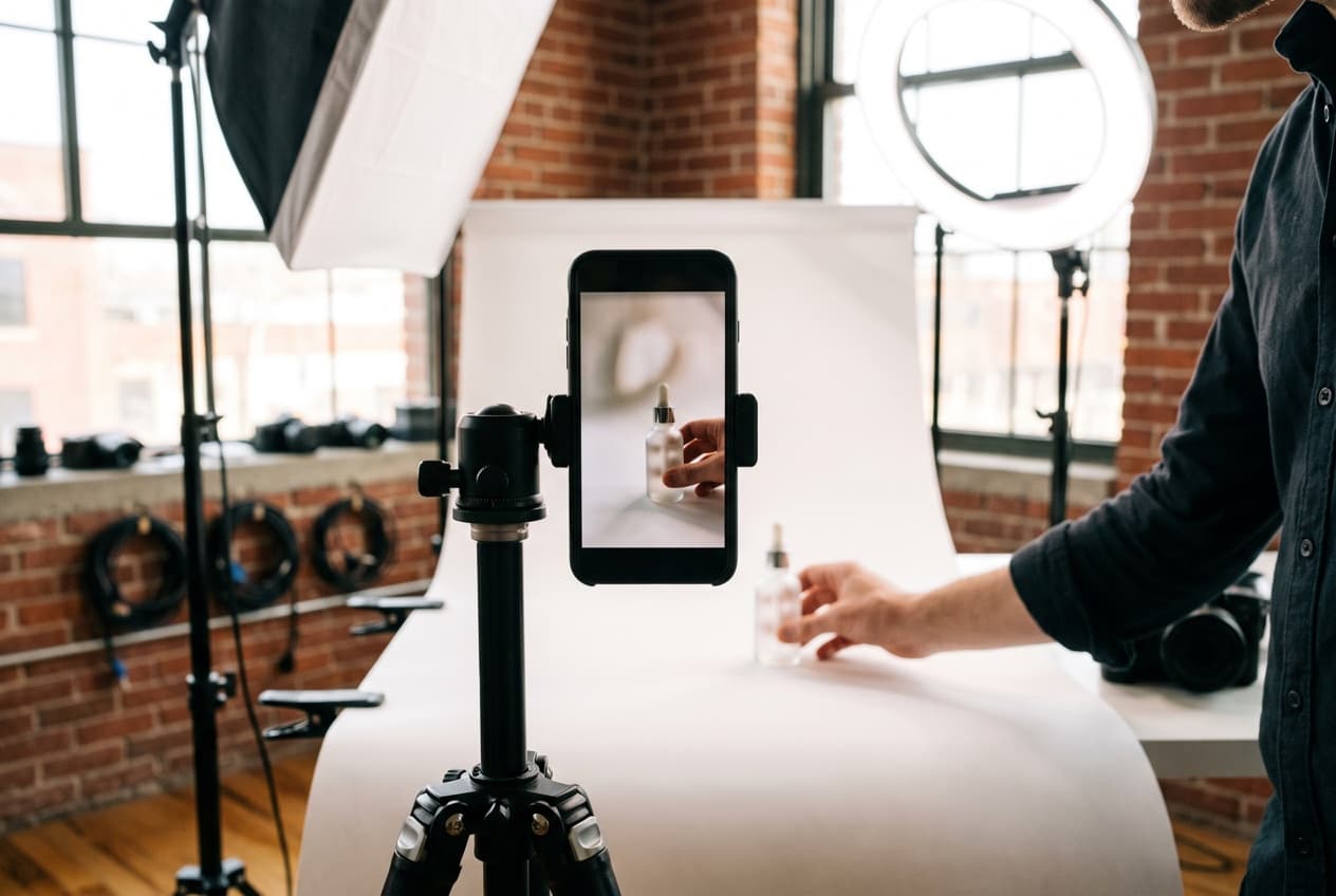 Smartphone monté à la verticale sur un trépied qui filme un flacon posé sur un fond blanc de studio, entre une boîte à lumière et un anneau lumineux, le dispositif simple qui produit les ouvertures de vidéo attendues par la régie TikTok Ads