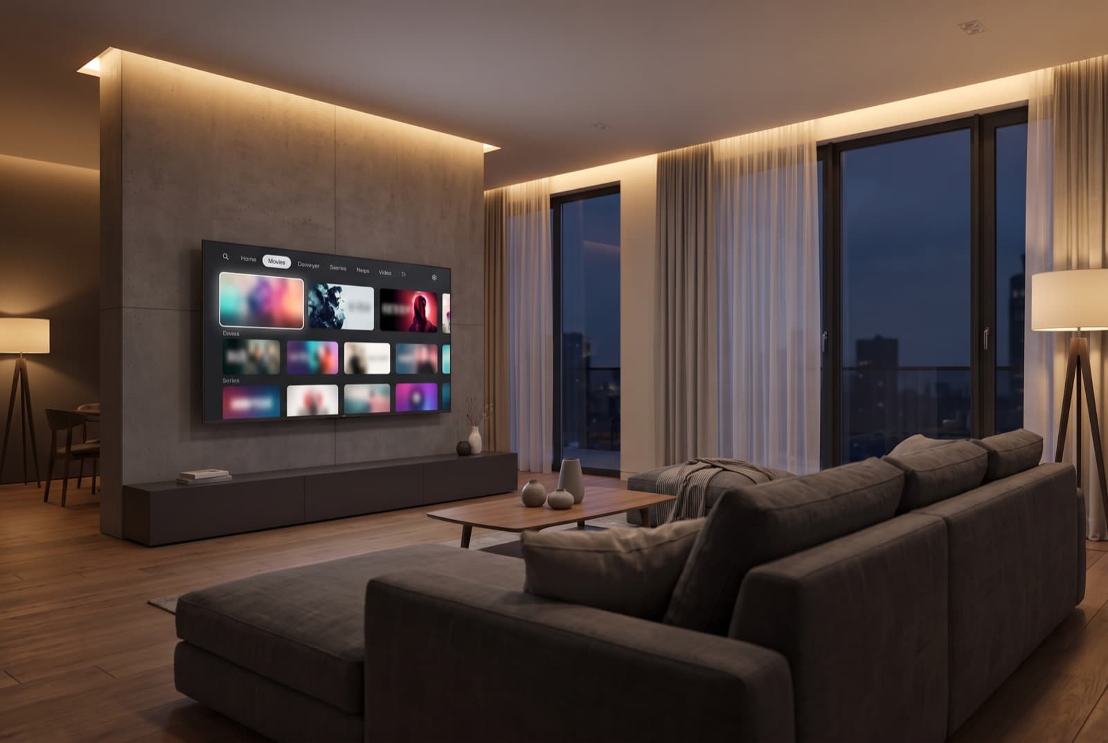 Grande TV connectée allumée sur une interface de streaming dans un salon moderne, illustrant la diffusion des campagnes TV segmentée et CTV sur grand écran