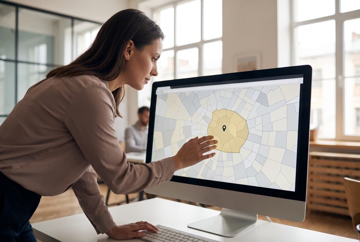 Planneuse média délimitant à l'écran les zones géographiques retenues autour d'un point de vente