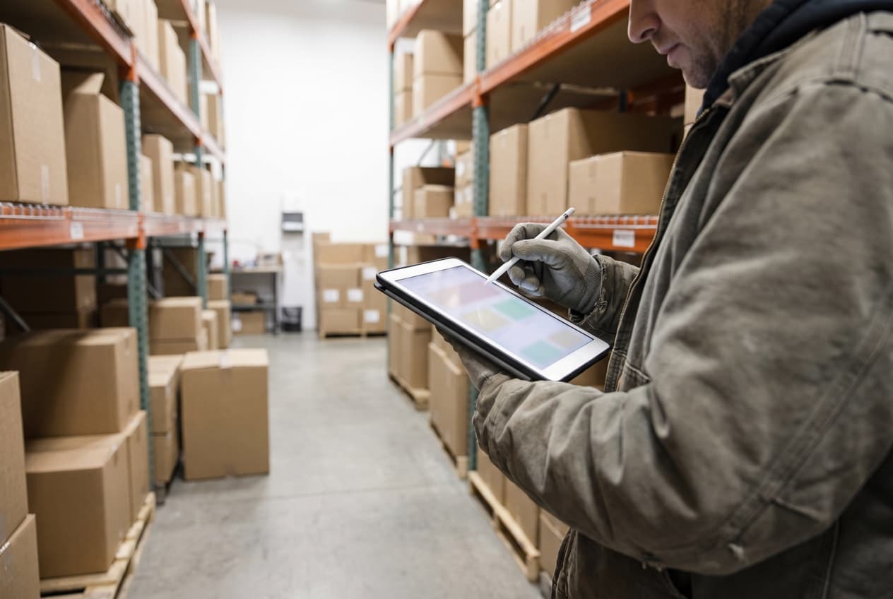 Préparateur vérifiant l'état du stock sur une tablette dans un entrepôt de commerce en ligne, la donnée de disponibilité que le catalogue Pinterest doit refléter à chaque lecture du flux