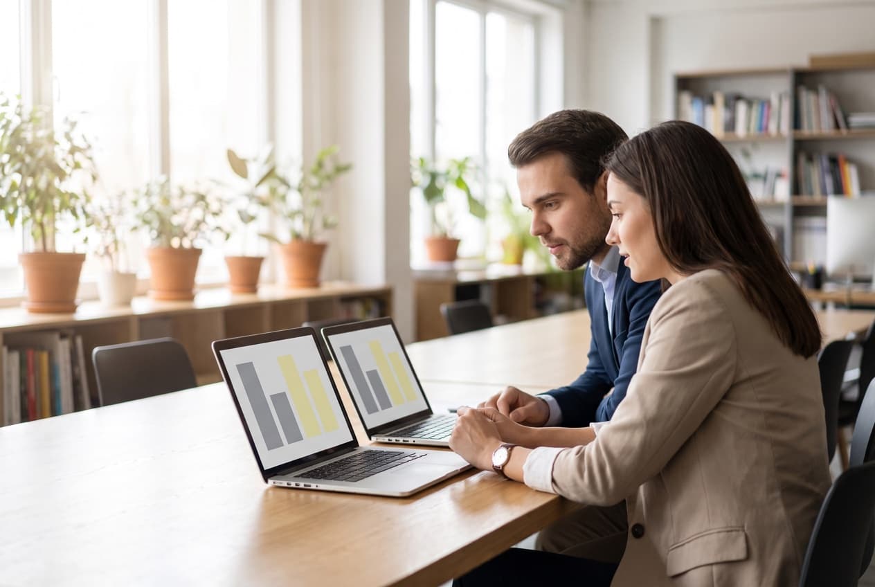 Deux consultants comparant sur leurs écrans les chiffres donnés par deux plateformes d'analyse sur le même site, le recoupement qu'impose toute estimation d'éditeur tiers
