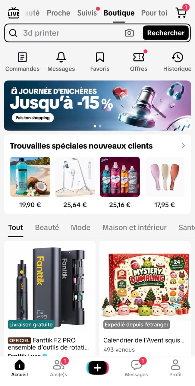 L'onglet Boutique de TikTok Shop dans l'application, avec sa recherche, ses recommandations personnalisées et ses fiches produits