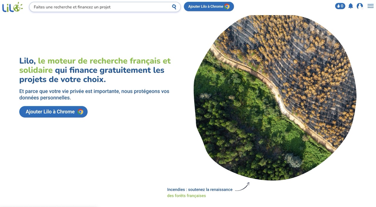 Page d'accueil de Lilo, moteur de recherche français et solidaire