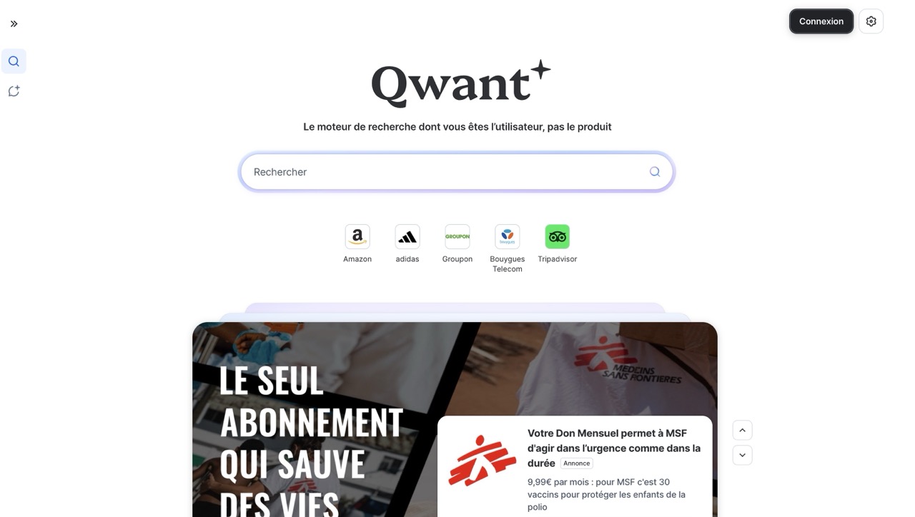 Page d'accueil de Qwant, moteur de recherche français sans personnalisation des résultats