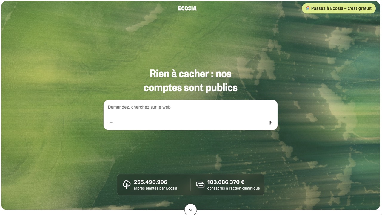 Page d'accueil d'Ecosia, moteur de recherche qui finance la reforestation
